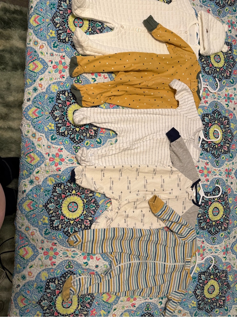0-3 Months Baby Boy Footed Pajama Bundle in Mustard, Cream, White and Blue
